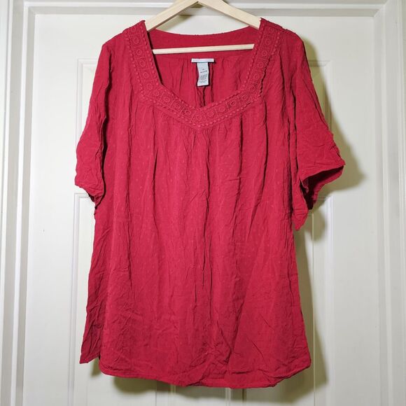 Tops - Catherine's Women’s Top Red Square Neck Crochet Lace Trim Short Sleeve Size 1X
